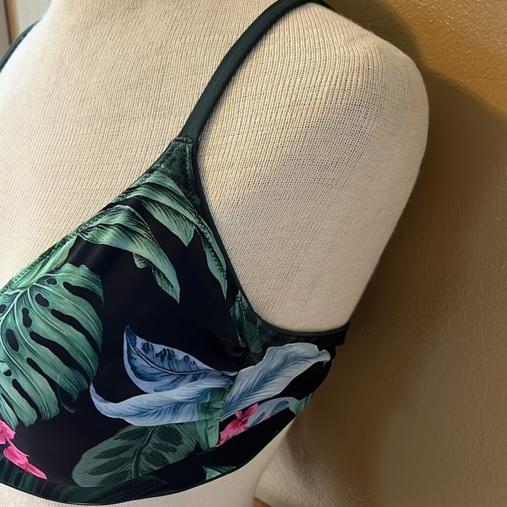 Kona Sol bikini top, criss cross tie back, floral pattern, black green pink blue - Picture 4 of 8